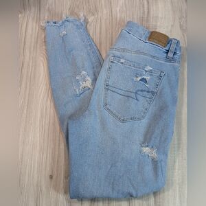 Women's American Eagle Blue Jeans Size 4 Short Curvy Hi-Rise Jeggings Distressed